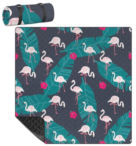 Mularoka Picknickdecke mit Flamingo-Blumen und Blättern, wasserdicht, sanddicht, faltbar, Stranddecke, 200,7 x 200,7 cm, extra groß, tragbar, waschbar, Outdoor-Matte für Camping, Park, Gras, Wandern,