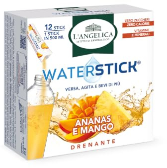 L'Angelica, Waterstick Drenante, Gusto Ananas e Mango, 12 Stick | Con Vitamine e Minerali, Contro Stanchezza e Affaticamento, Zero Zuccheri e Zero Calorie, Senza Conservanti, 1 Astuccio