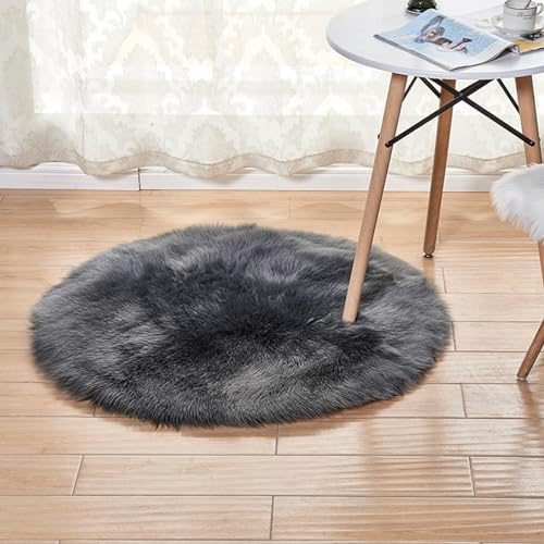 YUGWNN Dunkelgrau Schaffell Kunstfell Fellimitat Teppich Bettvorleger Fell,Schaukelstuhl Auflage Dekofell,Runder Durchmesser 50cm/19,7in
