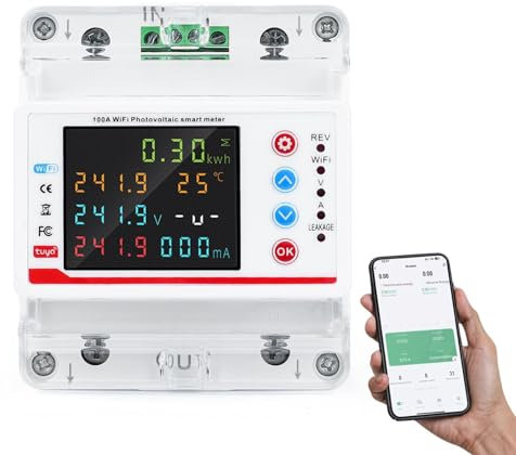 Jadeshay Contatore Energia Elettrica,AC220V 100A Tuya WiFi Smart Interruttore Intelligente Protezione da Sovratensione e Sottotensione con Display LCD Colori per Monitor Alimentazione Domestica