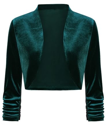 LADI TREND Women's Cropped 3/4 Sleeve Shrugs Open Front Elegant Bolero Cardigan Velvet (Dark Green L)