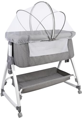 HUOLE Beistellbett, 2 in1 Baby Bett ab Geburt bis 25 kg, Zustellbett 6 Höhenverstellung, mit Matratze/Faltbare Seitenwand/Räder, Netzgewebe Kinderbett-80 * 40 * 100-115cm – Leinen
