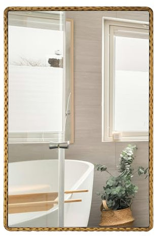 CAVINHOME 24x36Antique Gold Rounded Rectangle Bathroom Mirror, Hammered Metal Frame Wall Mirror, Vintage Decorative Gold Vanity Mirror for Bathroom Over Sink, Horizontal or Vertical Hanging
