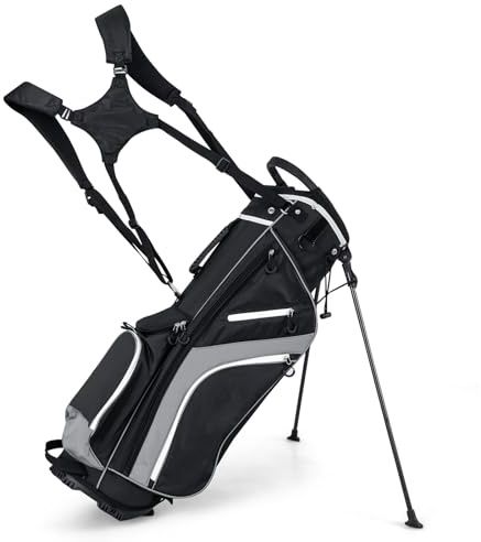 GYMAX Golf Stand Bag, 14 Way Golf Bag with 6 Pockets, Dual Shoulder Strap and Rain Hood, Lightweight Portable Golf Clubs Bag for Men Women