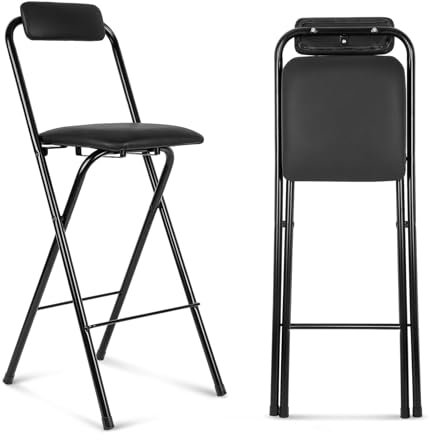 Sgabello pieghevole da bar con schienale, poggiapiedi imbottito, struttura in metallo nero, altezza 65 cm, per cucina, bar, bistrot