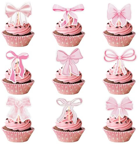 Nogeqi 36 Stück Rosa Schleifen Tortendeko Papier Schleife Kuchen Deko Rosa Cupcake Deko Hochzeitstorte Dekoration Schleife Muffin Cupcake Topper für Geburtstag Hochzeit Babyparty Party