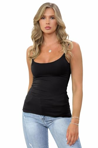 Hamishkane® Einfarbiges Tanktop für Damen, figurbetont, ärmellos, schmal geschnitten, U-Ausschnitt, dehnbar, für Fitnessstudio, lässiger Sommer, Schwarz , 50/52/Große Größen