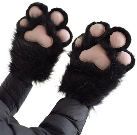 1 par plysch päls tassar i mitten, fursuit paws, katt paw gloves, furry Paw Cat Paw Handskar plysch Furry Paws mitten Therian Handskar, svart, 25 cm