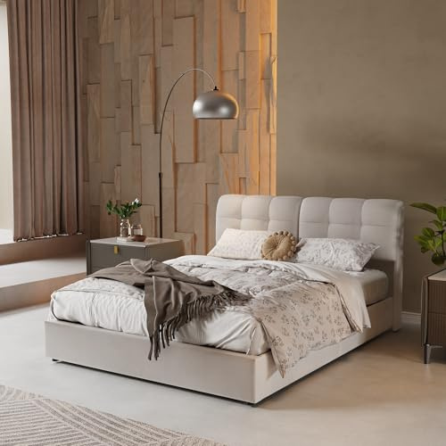 LONELYO Bett mit Bettkasten, 140 x 200 cm, mit LED RGB 7 Farben & Hydrauliksystem – Samt, hellbeige, gepolstert, geräumige Aufbewahrung & Lattenrost – modernes Design