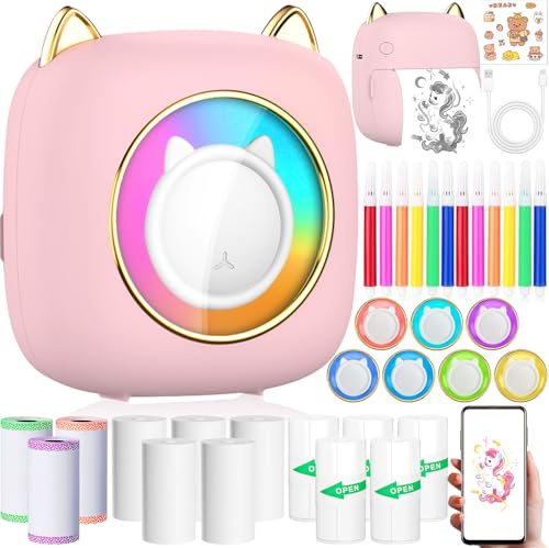 ZQEJEFD Mini Drucker, Tragbarer Mini Fotodrucker Thermodrucker Smartphone Taschendrucker, Wireless Bluetooth Fotodrucker Kompatibel mit Android & iOS mit 14 Rollen Papier für Notizen, Liste, Rosa