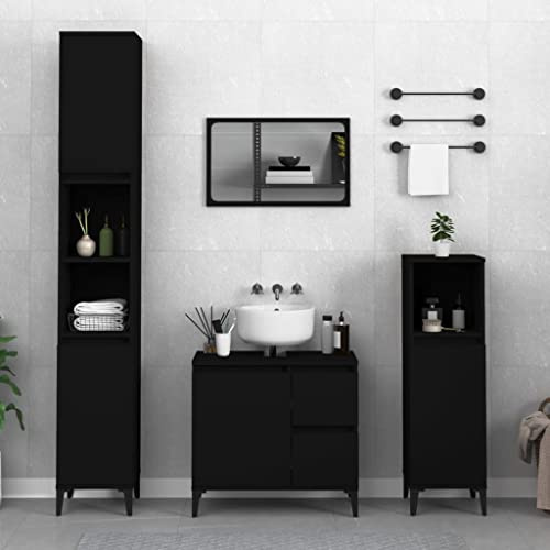 Myheimly Badschrank, Badezimmerschrank mit Stauraum Metallfüße, Hochschrank für Badezimmer, Badmöbel Schrank Holzwerkstoff Schwarz