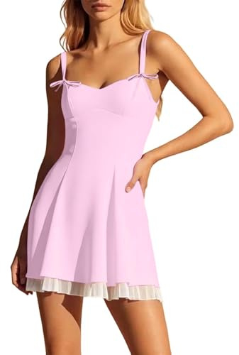 Robe à paillettes pour femme - Corset d'été - Mini robe tendance sans manches - Dos nu - Avec ourlet à volants - Couleur unie - Avec nœud papillon et bretelles - Longueur genou, lilas, M