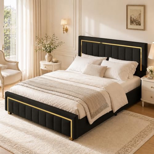BRILVERDE Polsterbett 140x200 mit Stauraum, Doppelbett, Jugendbett mit Kopfteil, Bettgestell mit Lattenrost, Stauraumbett, Samt(Schwarz, 140 x 200 cm)