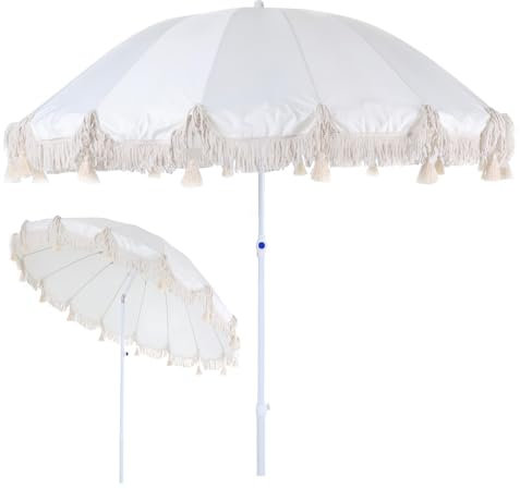 ZIHQRgE Parasol de Plage 220cm for Terrasse avec Franges, 16 Baleines en Fibre de Verre, Protection UPF 50+ Style Bohème Ombrelle d'Extérieur