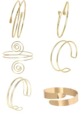 Yymobt 6Pcs Arm Cuff Upper Arm Adjustable Minimalist Open Armlet Gold Silver Band Cuff Bracelets for Women Coil Armband Set