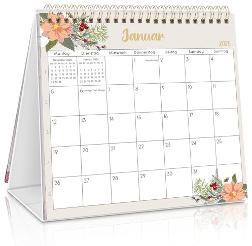 SKYDUE Tischkalender 2026,15 Monate (10/2025 – 12/2026), Tischkalender Zum Aufstellen, Monatskalender, Kalender Schuljahr (Blütenbegleiter)