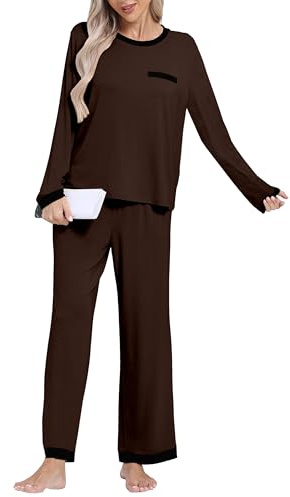 softconnection® Women’s Long Sleeve Loungewear Set – Viscose-Spandex 2-Piece Pajama with Relaxed Top, Wide Leg Pants & Contrast Trim (UK, Alpha, XL, Regular, Regular, Cocoa Truffle)