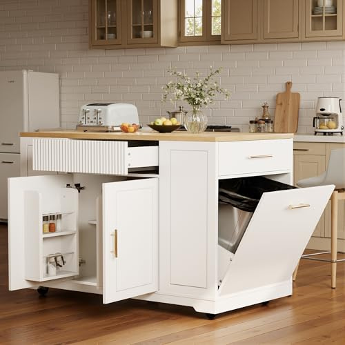 Kebnor Isla de cocina, armario de cocina, armario buffet, carrito de servir, isla de cocina móvil, carrito de cocina con ruedas, con compartimento para basura, estantes ajustables, dos puertas y tres