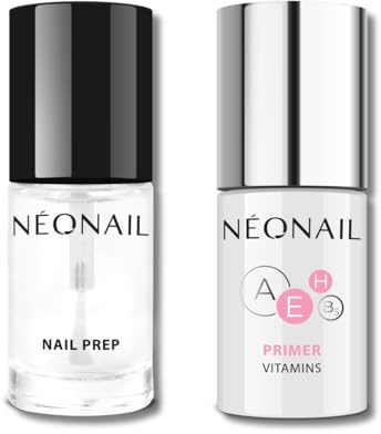 NÉONAIL Set Préparation Ongles – Nail Prep Dégraissant 7,2 ml & Primer Vitamins Enrichi en Vitamines 7,2 ml – Nail Prep Dehydrator - Pour une Adhérence Optimale et Ongles Renforcés