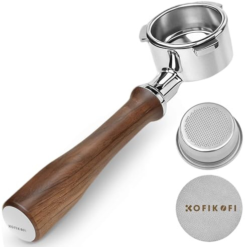 KOFIKOFI 54mm Portafilter 3 Ears, Walnut Wood Handle with Puck Screen and Filter Basket, Naked Bottomless Portafilter for Sage Breville Barista Series 500-880, Barista Express Espresso Machines