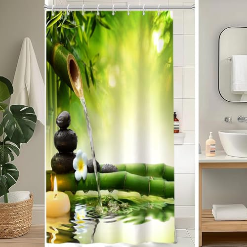 Uiiooazy Duschvorhang 120x200cm Anti Schimmel Grün Bambus Schwarz Steine | Duschvorhang Spa Japanisch Zen Pebble Wasserdicht Stoff Polyester Waschbar Bad Vorhang mit 8 Haken für Badezimmer Badewanne
