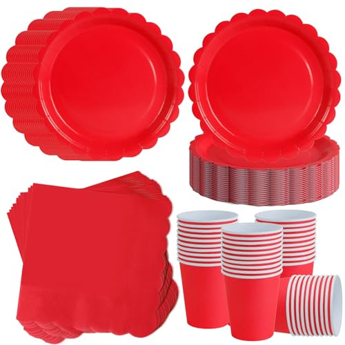 ZblPyro 120 Pezzi Rosso stoviglie per feste di compleanno per 40 Ospiti | 18 cm piatti carta ondulati, bicchieri carta, tovaglioli, San Valentino, anniversario, compleanno Natale.