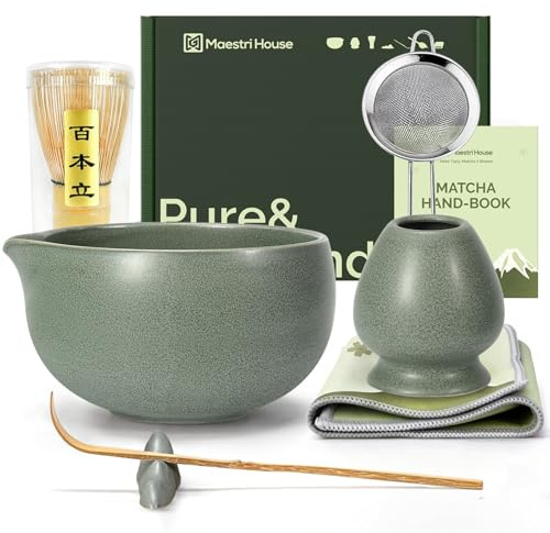 Maestri House Matcha Set, Bamboo Ceramic Matcha Kit, Matcha Whisk Set 7 Pcs | Moss-Green Matcha Bowl, Whisk, Holder, Tea Scoop, Scoop Rest, Steel Sifter, Tea Cloth, Gift for Matcha Lovers and Family