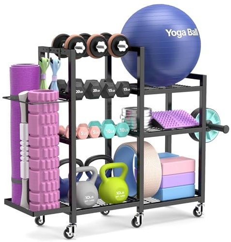 7-Stufiger Hantelständer, Multifunktionale Hantelablage, Home Gym Aufbewahrung für Hanteln, Kettlebells,Yoga Block – Yogamatte Organizer mit Rädern und Haken