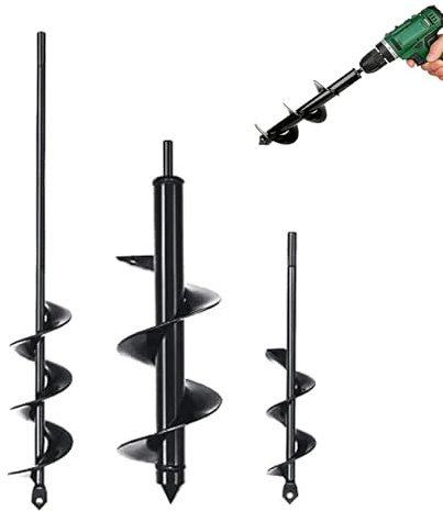 OUKENS 3 Stück Erdbohrer für Akkuschrauber, Carbon Steel Gartenbau, Ideal zum Pflanzen, Düngen, Gartengestaltung & Eisloch Bohren 4.6x37cm / 8x30cm / 4x22cm