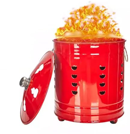 Emaillierter Feuerkorb, Müllverbrennungsbehälter mit Deckel und Feuerhaken, Stabil und Transportabel, Papierverbrennungsfass für Papier, Laub und Gartenabfälle.(32cm)