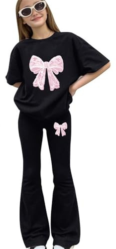 Girls Clothing Set 2 Piece Bow Graphic Short Sleeve T Shirts Wide Leg Flare Pants Kids Summer (Black, 10-11 Years)