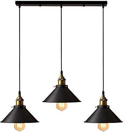 iDEGU 3 Lampes Suspension Luminaire Industrielle Lustre Plafonniers Design Edison Métal Lustre Suspension avec 50cm Support en Barre, Ø 22cm, Noir