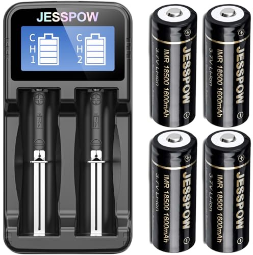 JESSPOW IMR 18500 Lot de 4 Piles Rechargeables Li-ION 1600 mAh 3,7 V avec Bouton sur Le Dessus pour Lampe de Poche, Lampe Solaire de Jardin