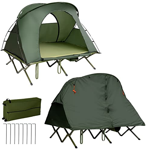 COSTWAY 4 in 1 Tenda da Campeggio Rialzata per 2 Persone, Letto Brandina da Campeggio Pieghevole con Materasso Gonfiabile Automatico, Tenda a Doppio Strato Impermeabile e Antivento con Borsa (Verde)