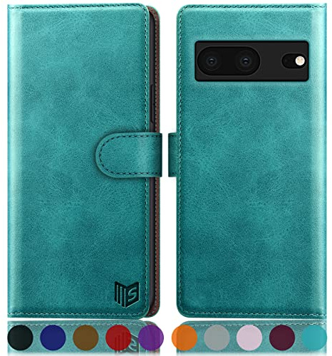 SUANPOT [RFID Schutz für Google Pixel 7 5G Hülle PU Leder Handyhülle Lederhülle Klapphülle Kartenfach Flip Cover für Pixel 7 Handy hülle Leather Wallet Phone Case (Blau Grün)