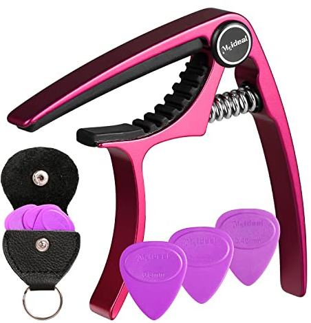 MEELAND Capodastre en aluminium violet pour guitare acoustique/guitare électrique/ukulélé/basse avec médiators et support de médiators en cuir et extracteur de broches de pont inclus (rose)