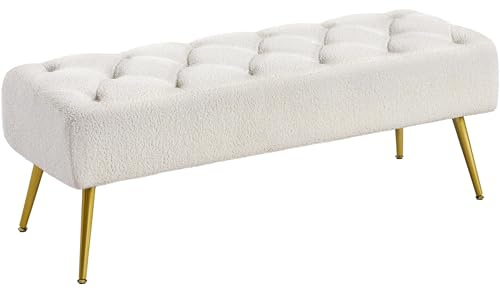 Yaheetech Modern Ottoman Bench Boucle Bench Upholstered Footrest for Living Room with Gold Metal Legs and Padded Seat Ivory