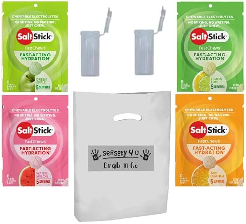 SENSORY4U Grab and Go Gift Set SaltStick with New Fastchews Flavors and Race Ready Tubes - Lemon Lime Orange Green Apple and Watermelon Electrolyte Tablets