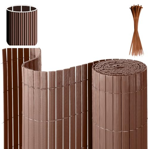 Eulenke PVC Sichtschutzmatte, 120 x 1000cm DREI Rippenverstärkungen Sichtschutzzaun mit Kabelbindern, Innen Verstärkte Lamellen, Windschutz Balkon Sichtschutz für Zaun Garten Terrasse, Braun