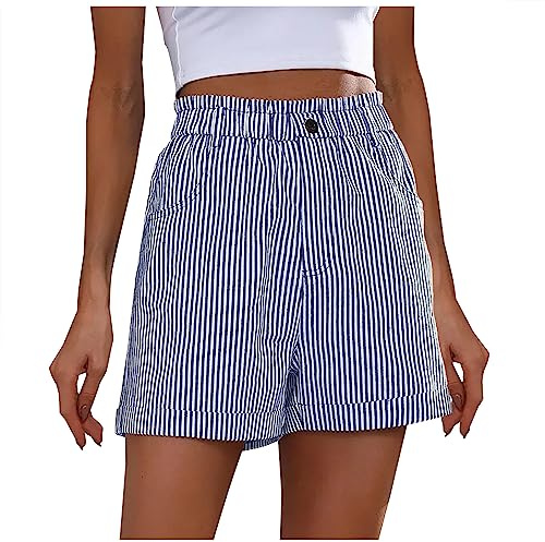 Shorts for Women Casual Striped Bermuda Shorts with Pockets Ladies Half Elastic Waisted Wide Leg Work Womens Summer Fashion Comfy Loose Cotton Linen