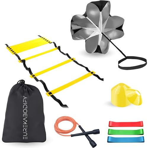 EUREKA BODIFY Kit Allenamento Calcio e Agilità - 10 Cinesini - Scala di Agilità 6m - Paracadute Allenamento - 3 Bande Elastiche di Resistenza - Corda per Saltare - Borsa da Trasporto