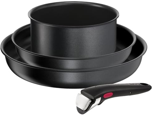 Tefal Ingenio Jordi Cruz - Juego de 2 Sartenes 22/26 cm + Cazo 16 cm + Mango extraíble | Apto inducción, antiadherentes, revestimiento de titanio, apilables, Thermo-Signal, apto lavavajillas y horno