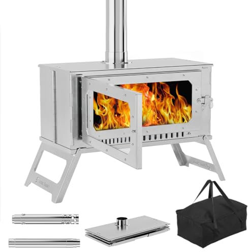 STMHOM Portable Hot Tent Stove,Wood Burning Stove for Camping, Tent Stove With View Glass, Large Stainless Steel Camping Stove With 5 Chimney Pipes for Outdoor Heating and Cooking