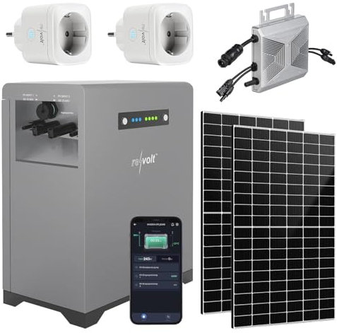 revolt PV-Akkuspeicher: Solaranlagen-Set: Mikroinverter, 2 Solarmodule, Akku, 2 smarte Stecker (Balkonkraftwerkspeicher, Photovoltaik Stromspeicher)