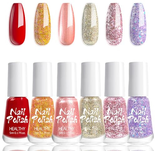Virellay 6 Pcs Glitzer Nagellack Set, Glitter Nagellack Ohne UV Lampe, Langanhaltender Glitzer Schnelltrocknender für Frauen DIY (Colorful 02, 6 PCS)