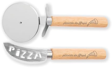 ''Pizzeria da papà'' Set Tagliapizza Professionale con Rotella e Lama, Manico in Legno con Incisione 2 Pezzi Idea regalo Natale Amore Cena Cibo Casa Amici Cucina Pizza Focacce