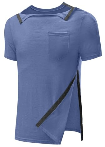 T-shirt de chirurgie pour homme - Épaule postérieure - Opération à l'épaule - Récupération - Déchirable - Manches courtes - Entièrement ouvert - Bouton pression - T-shirt fonctionnel, bleu, XL