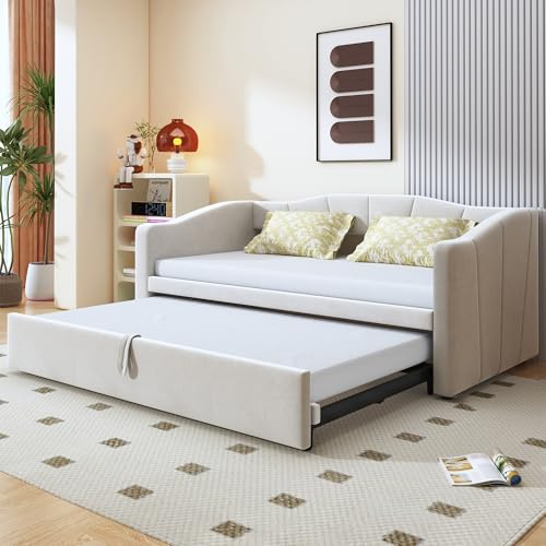 EINHOM Schlafsofa Polsterbett 90/180x200cm Ausziehbares Schlafcouch Multifunktionsbett aus Hautfreundlichem Samtstoff mit Robusten Lattenrosten Beige (ohne Matratze)