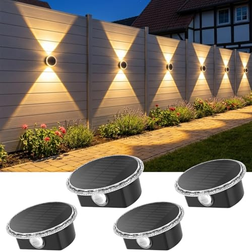 ELLASAY Runden Solar Wandleuchten für Außen Up und Down Garten IP65 4 Stück | Solarlampen für Außen Wand 3 Farben Heller, Wasserdicht Leuchten, Kabellos Solarleuchten für Zaun Terrasse Haus Pools