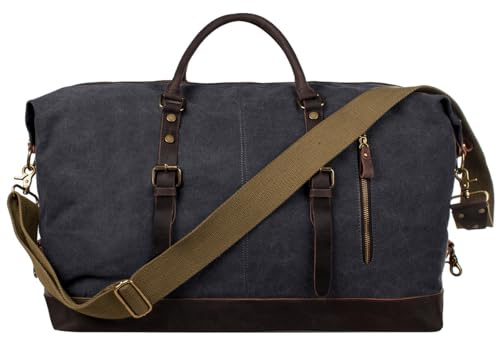 S-ZONE Resväska 52–55 l vintage canvas galen häst läder trim unisex handbagage weekendväska sportväska för resor helg semester, svart, L
